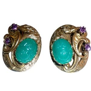 Vtg Egyptian Revival Scarab Clip Earrings Green Peking Glass Purple Rhinestone